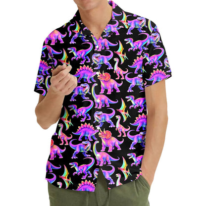 Lifestyle view of someone wearing the dinosaurs hawaiian shirt