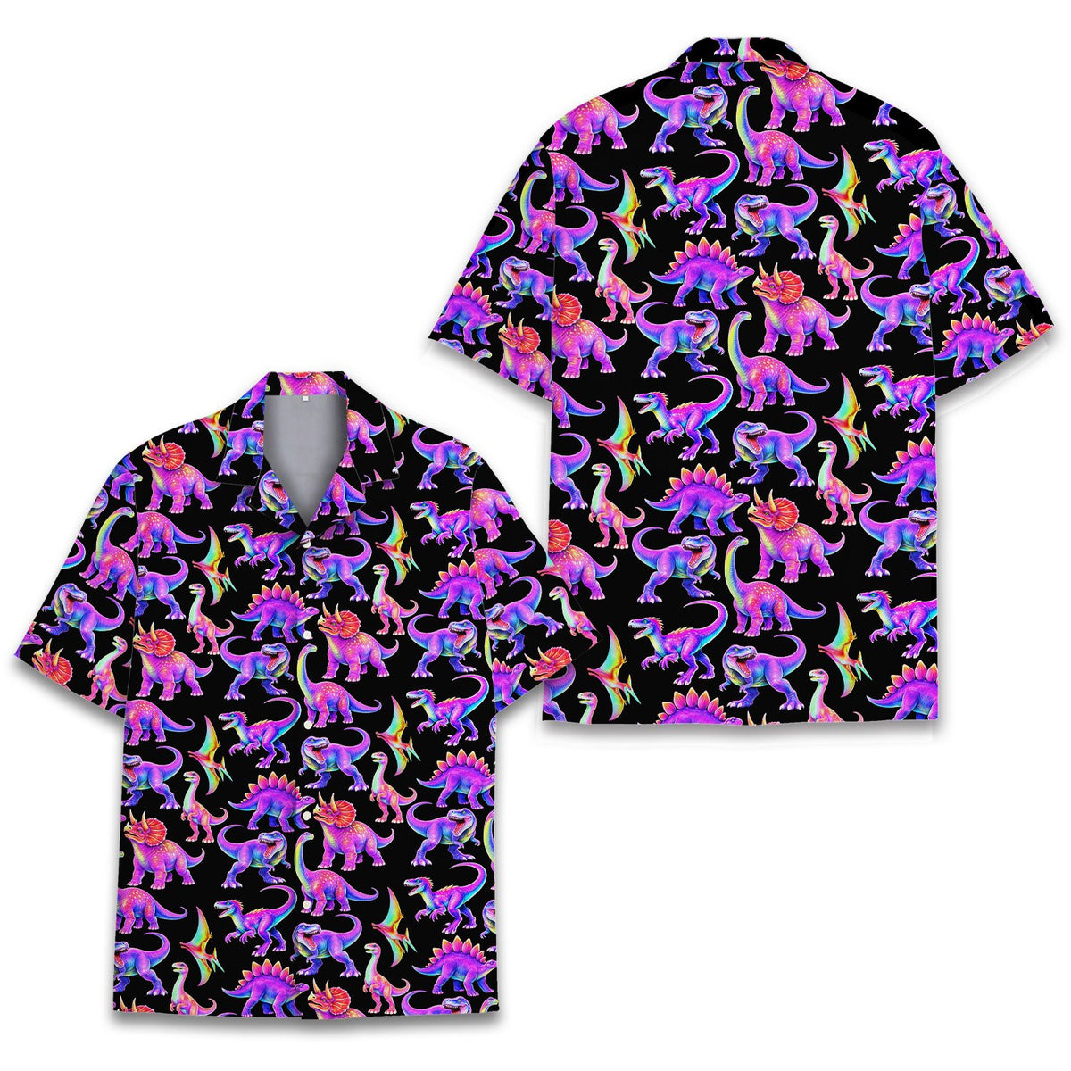 Additional close up view of the colorful dinosaurs hawaiian shirt fabric