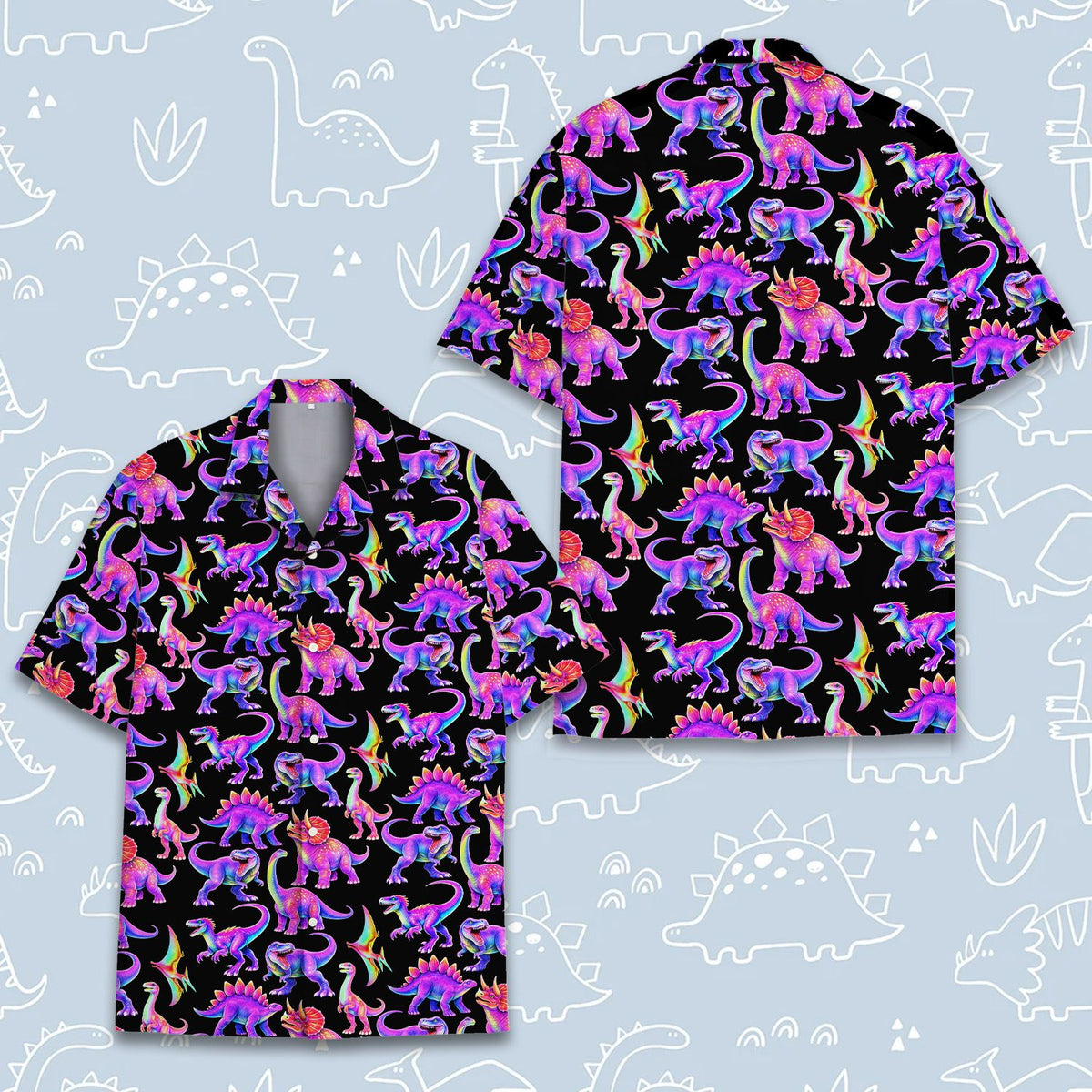 Close up view of the vibrant dinosaur pattern on the hawaiian shirt