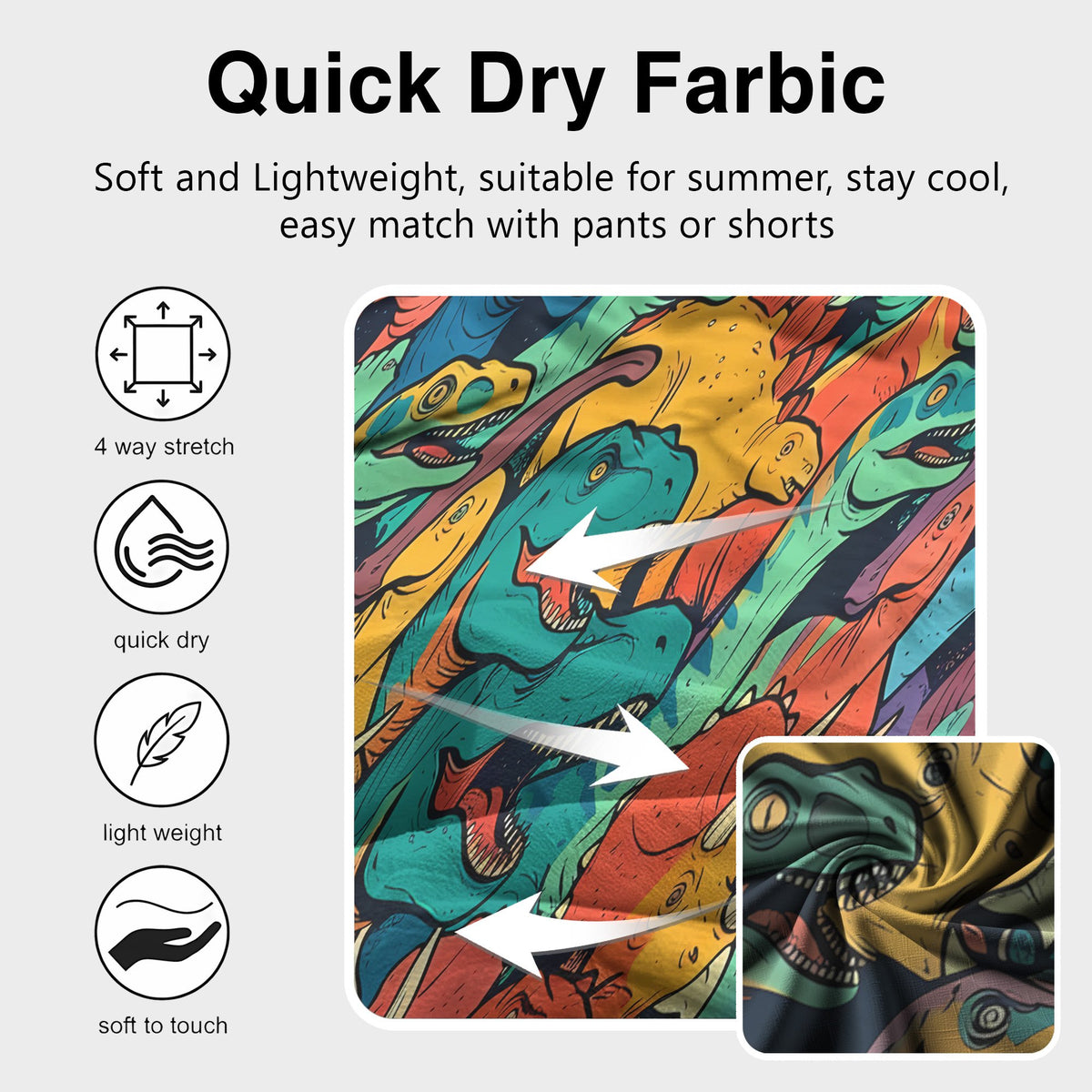 Close-up detail of the polyester fabric and dinosaur pattern