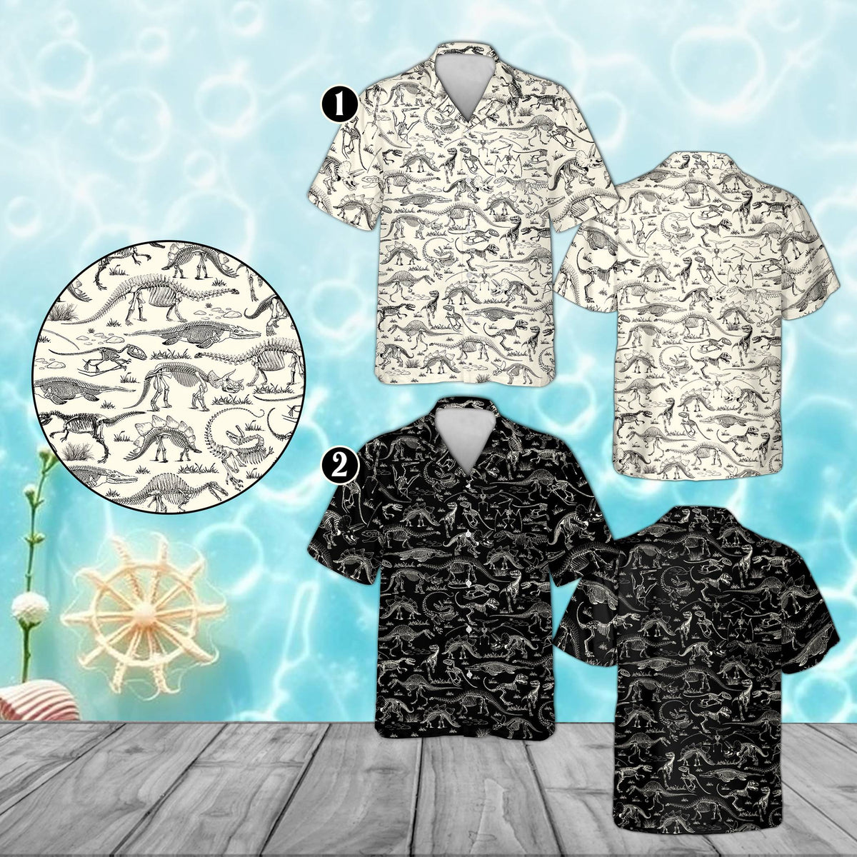 Detailed front view of the dinosaurs hawaiian shirt featuring fossil sketches