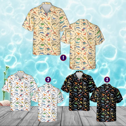 Kids dinosaurs hawaiian shirt with custom name showcasing the colorful dinosaur pattern, front view