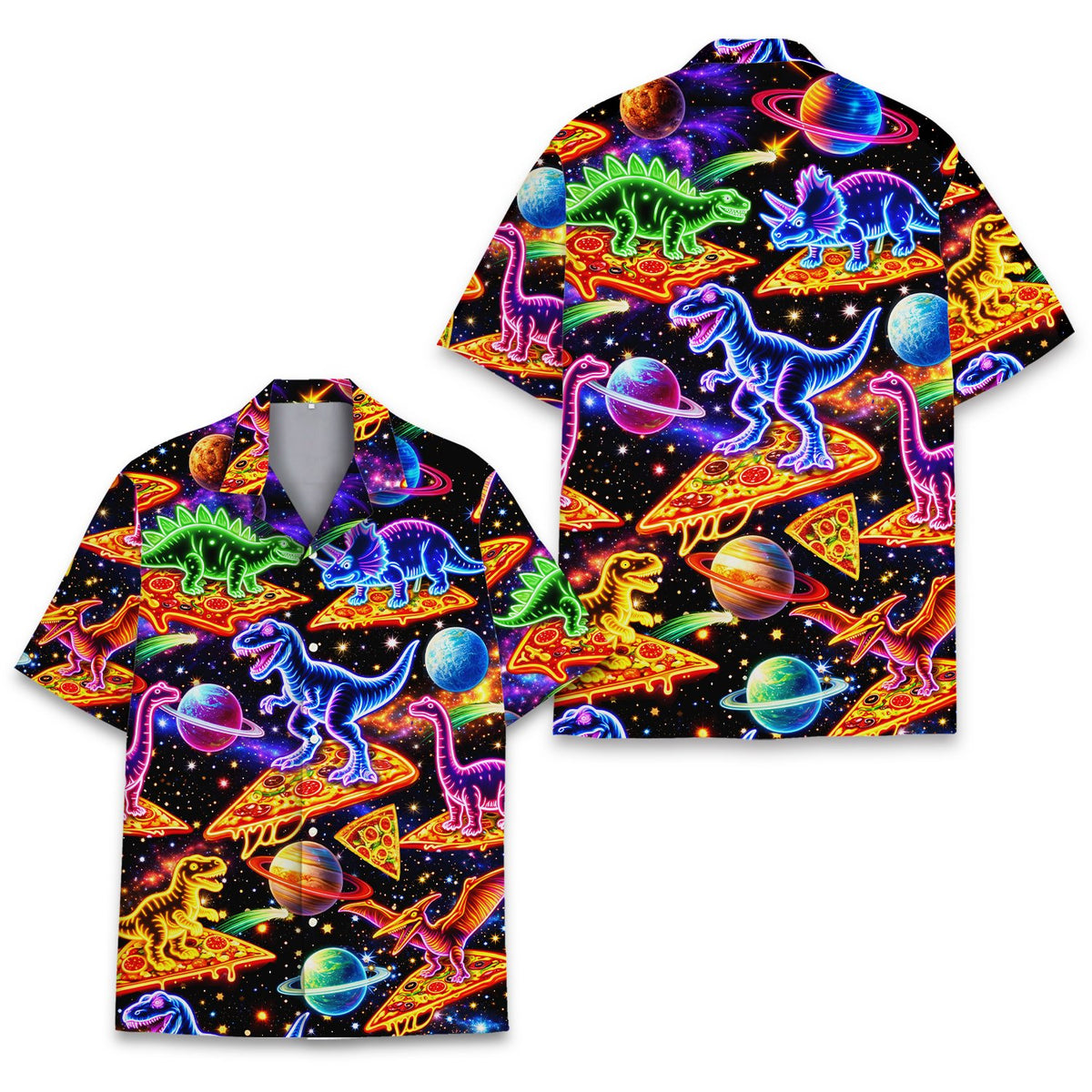 Front view of the black hawaiian shirt with neon dinosaurs and pizza in space.