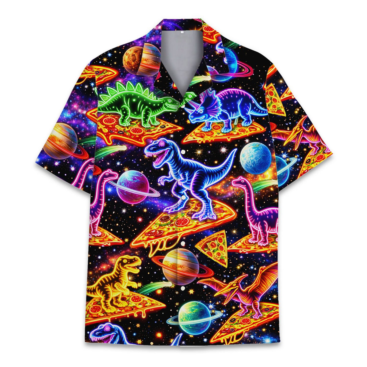 Dinosaurs in space hawaiian shirt matching family set, front view.