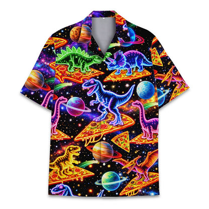 Dinosaurs in space hawaiian shirt matching family set, front view.