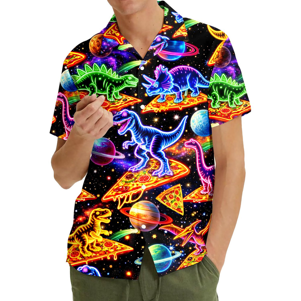 People wearing the dinosaurs in space hawaiian shirt lifestyle shot.