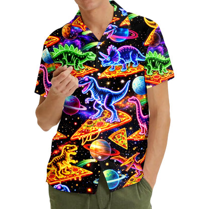 People wearing the dinosaurs in space hawaiian shirt lifestyle shot.