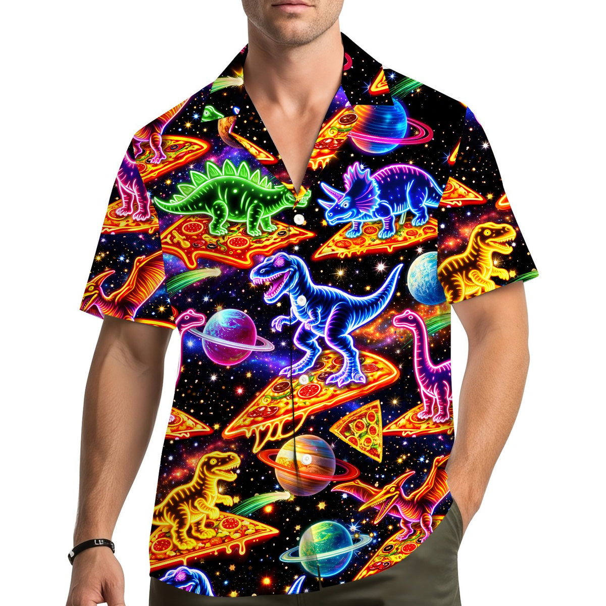 Family wearing matching dinosaurs hawaiian shirts lifestyle view.