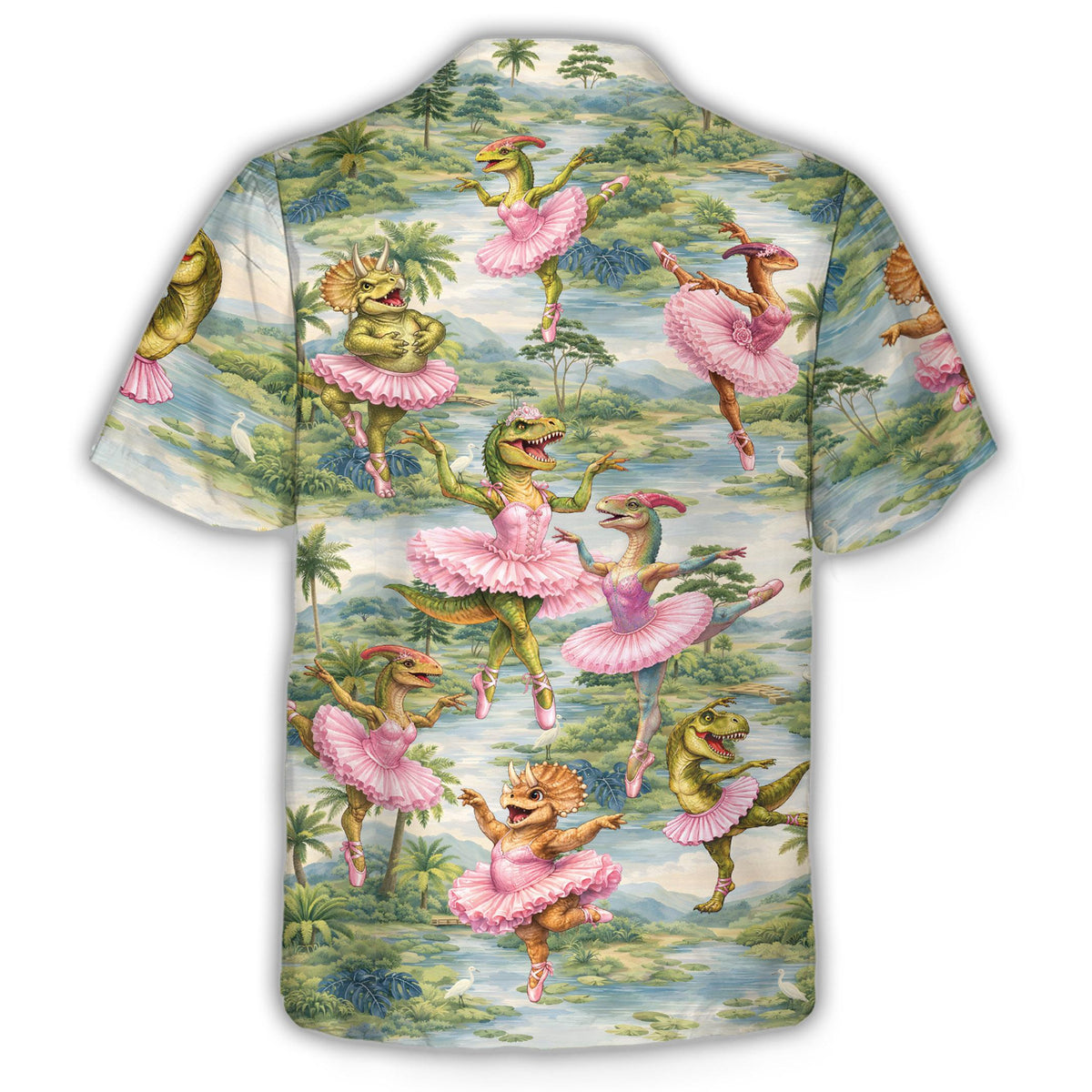 Back view of the whimsical dinosaur ballerina hawaiian shirt