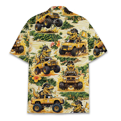 Back view of the dinosaurs and monster trucks hawaiian shirt