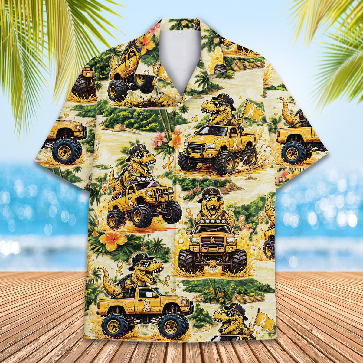 Close up front view highlighting the T-Rex in sunglasses driving a yellow monster truck