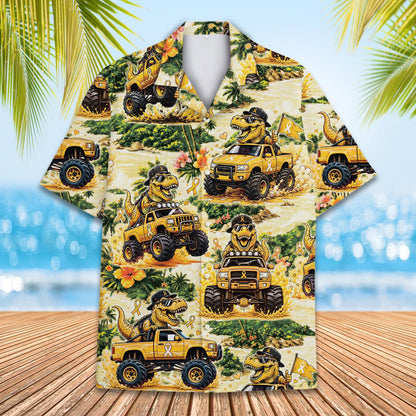 Close up front view highlighting the T-Rex in sunglasses driving a yellow monster truck