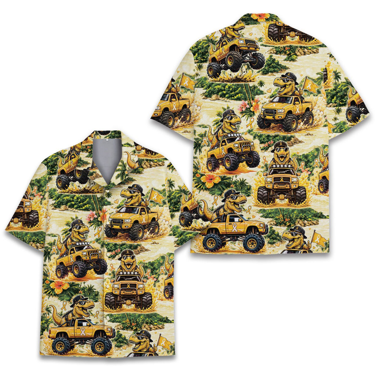 Front view angle showing the dirt splatters and tropical foliage on the hawaiian shirt