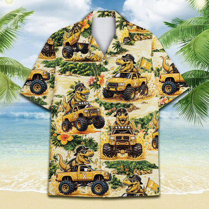 Front view of the vibrant matching family hawaiian shirt with dinosaur and monster truck design