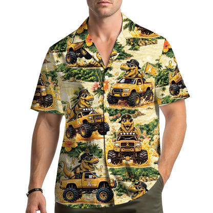 Lifestyle view of a person wearing the family matching hawaiian shirt outdoors