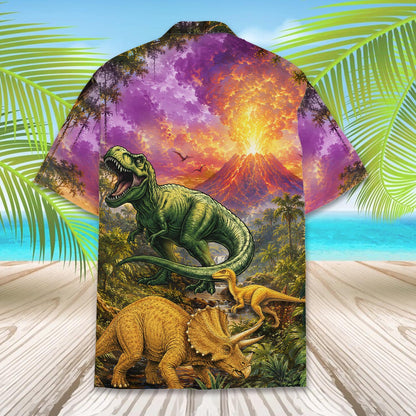 Back view showing the erupting volcano and T-Rex design