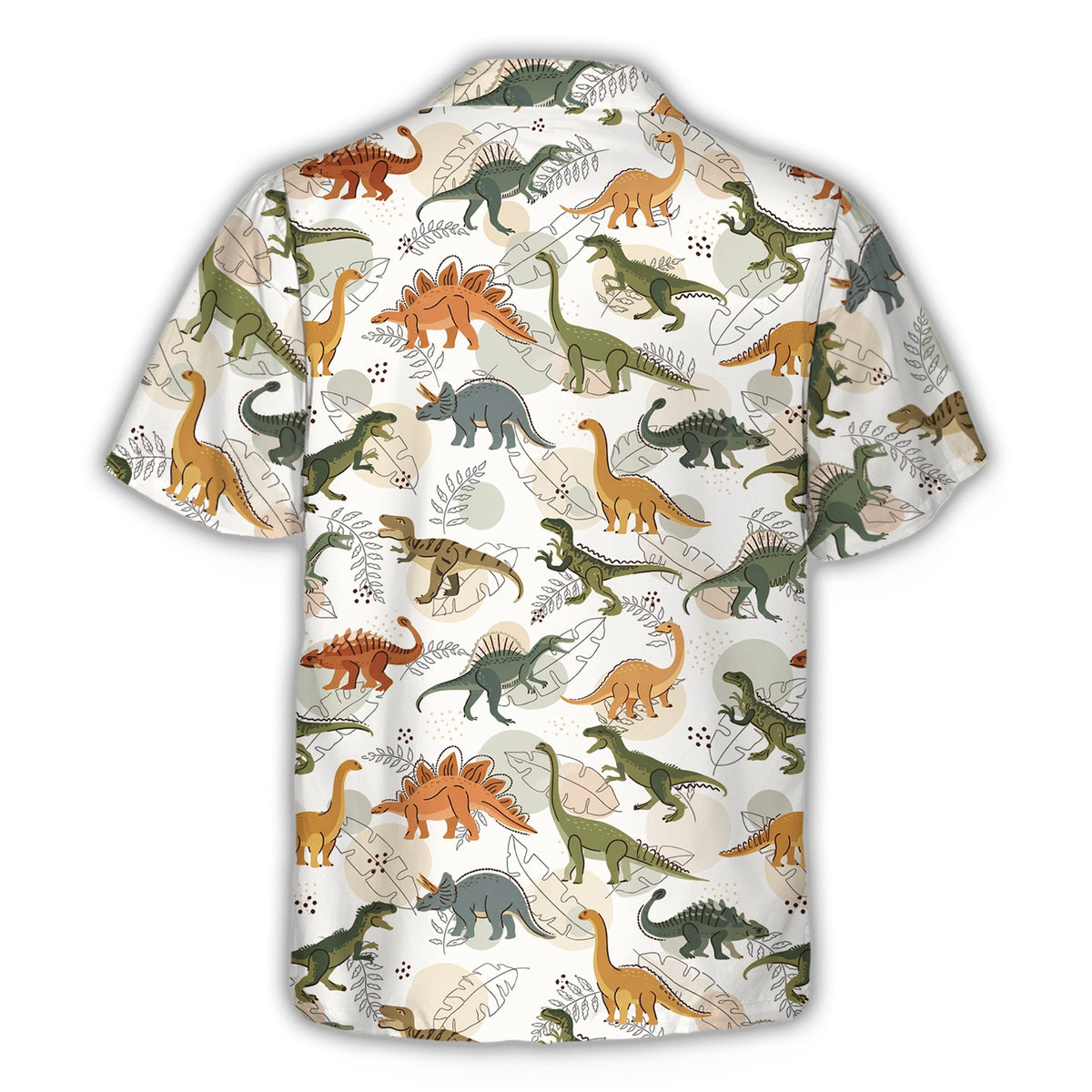 Adult white dinosaurs hawaiian shirt, back view