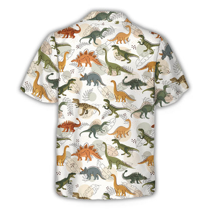 Adult white dinosaurs hawaiian shirt, back view