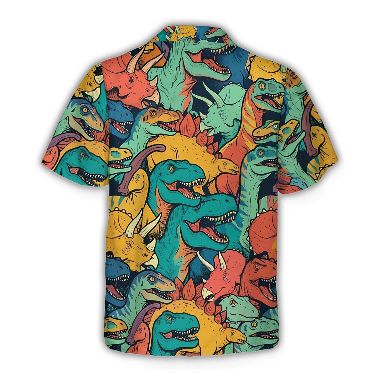 Back view of the teal dinosaurs hawaiian shirt