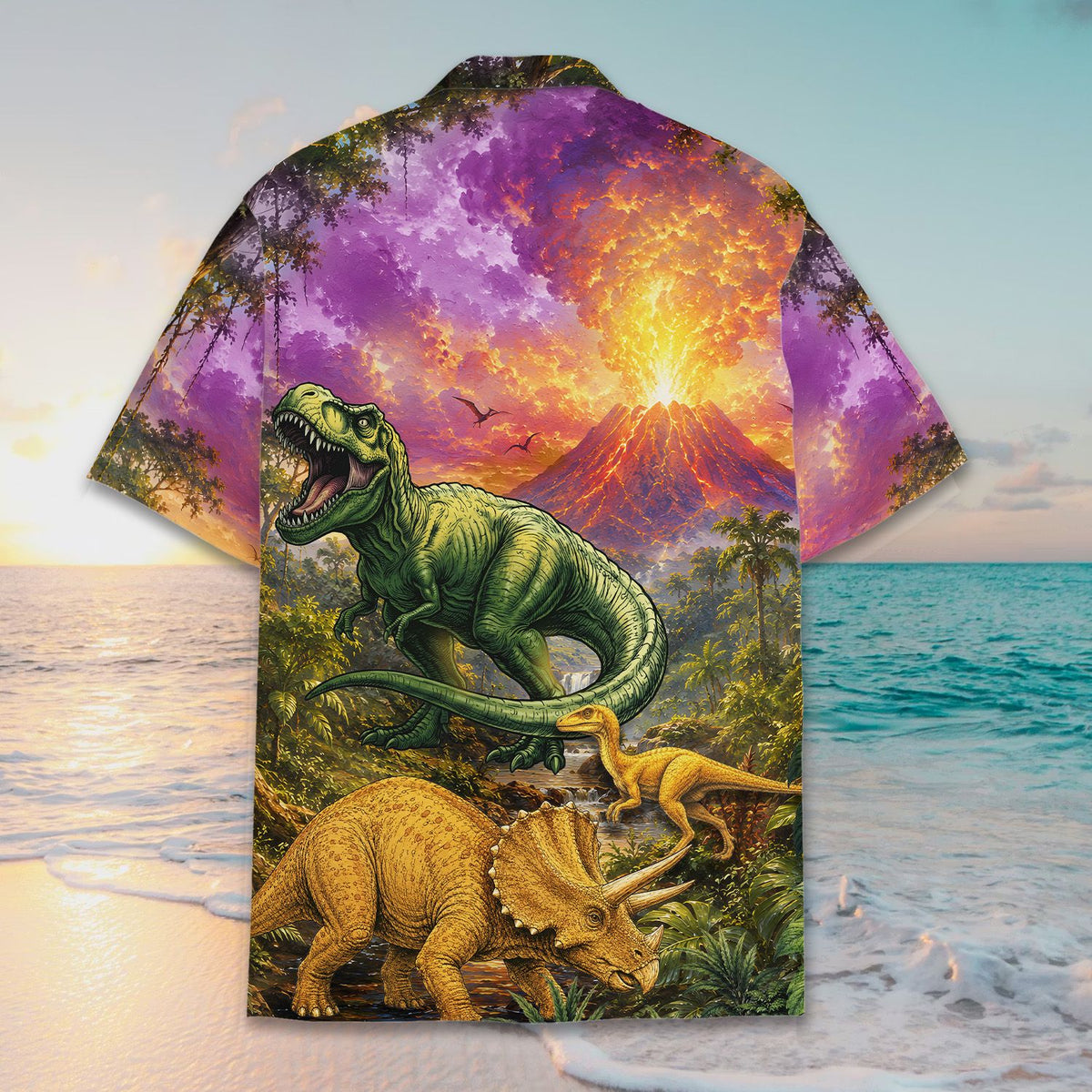 Back view of the green dinosaurs hawaiian shirt