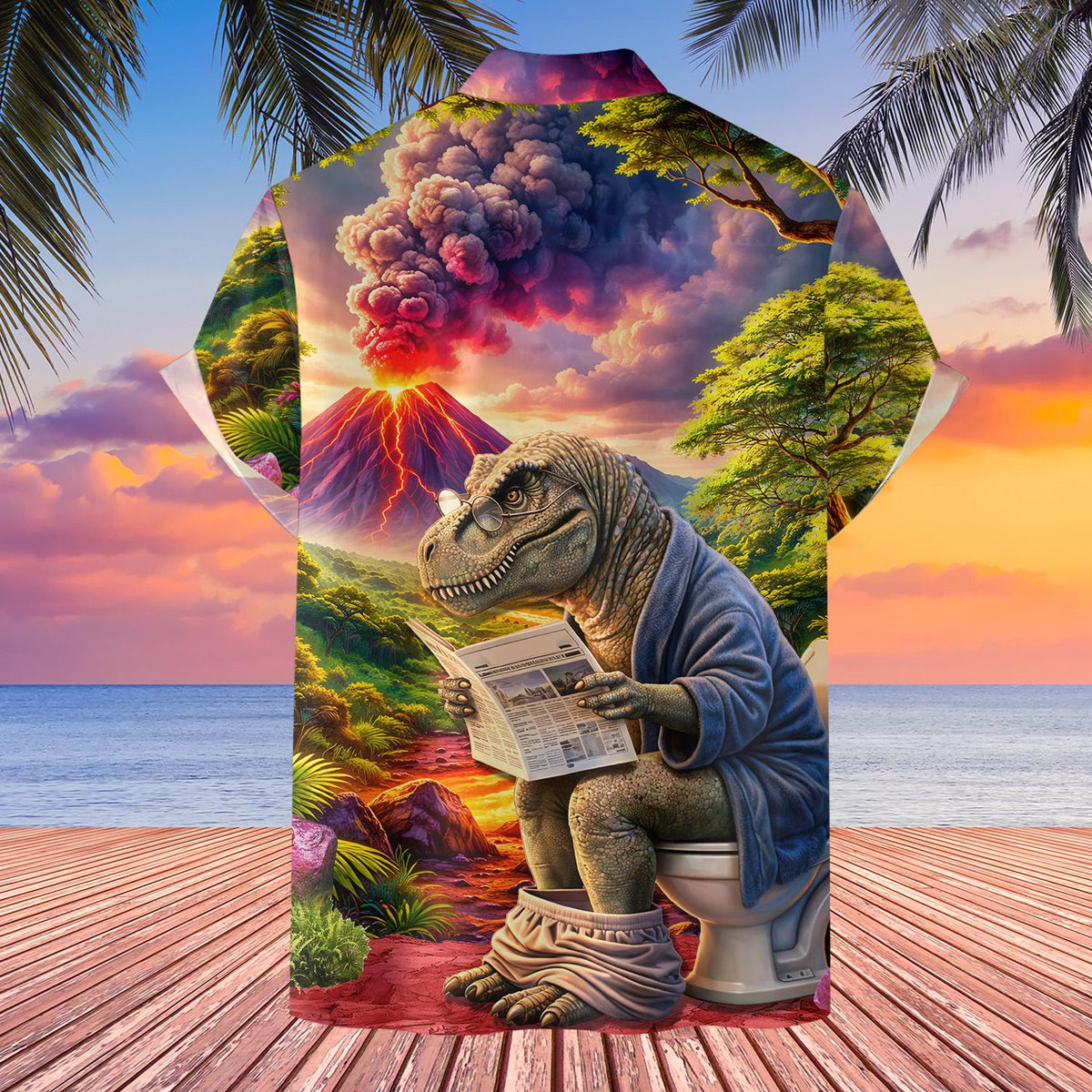 Back view of the multicolor dinosaurs hawaiian shirt showing volcano design