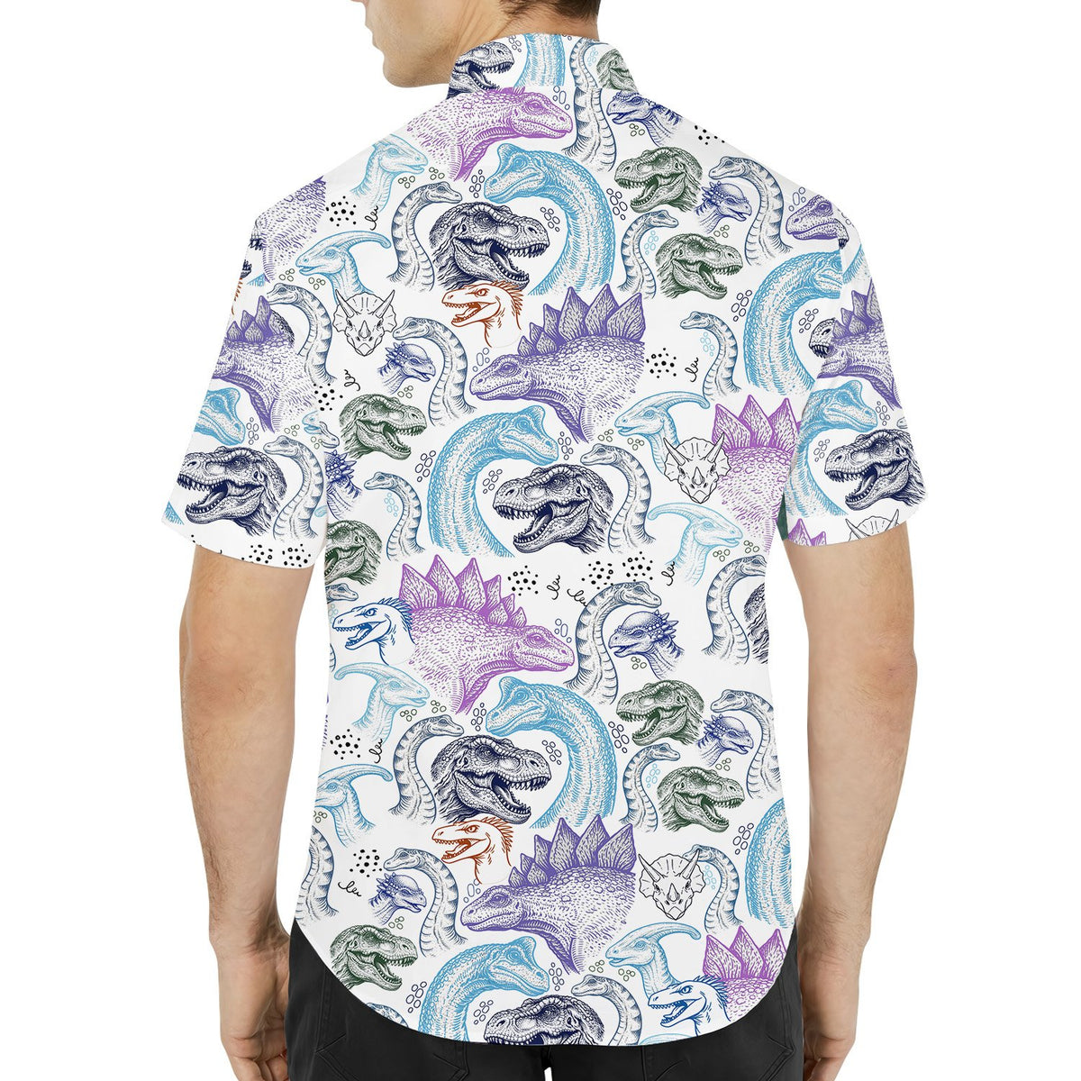Back view of the dinosaurs hawaiian shirt showing the all-over print