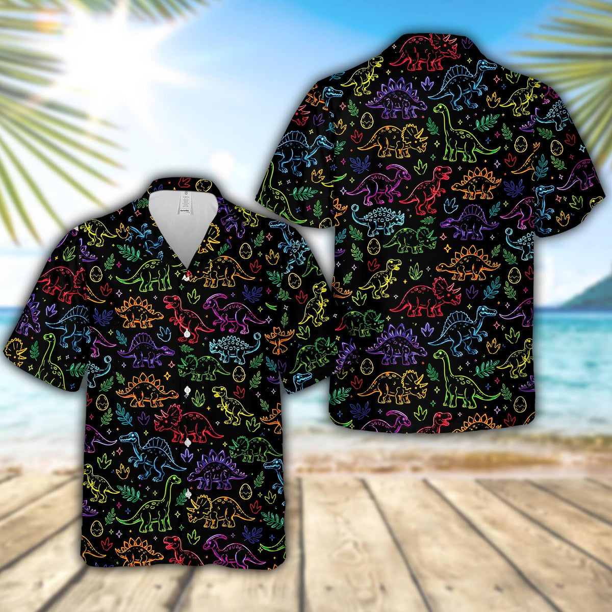 Neon dinosaurs hawaiian shirt on a black background, main view