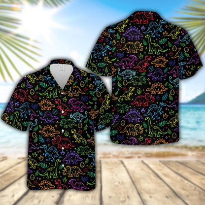 Front view of the matching family neon dinosaurs hawaiian shirt