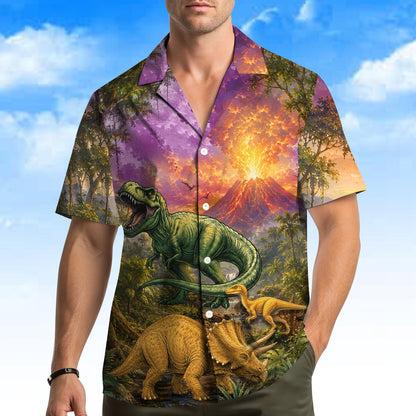 Front view of the green dinosaurs hawaiian shirt