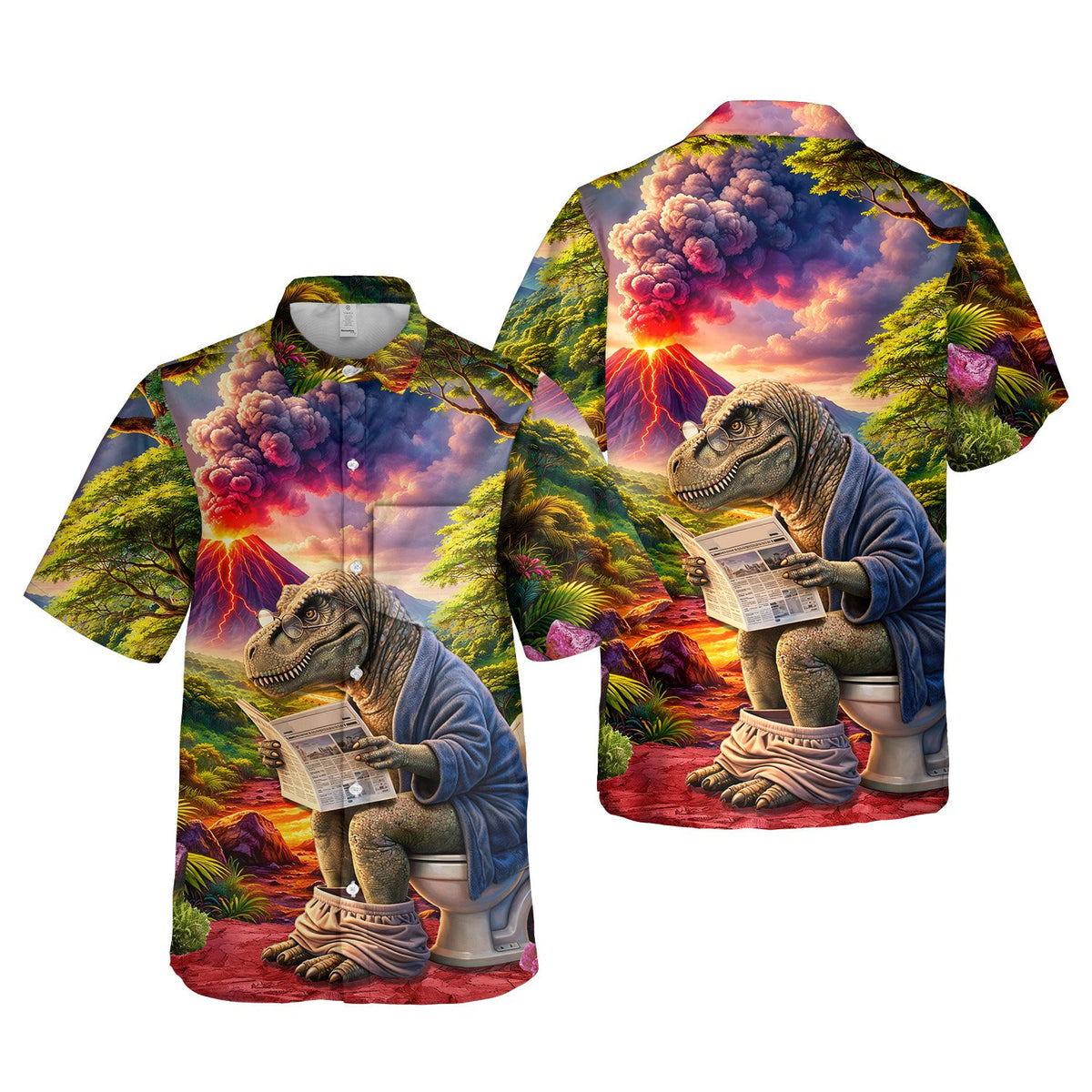 Front detail of the funny dinosaur hawaiian shirt