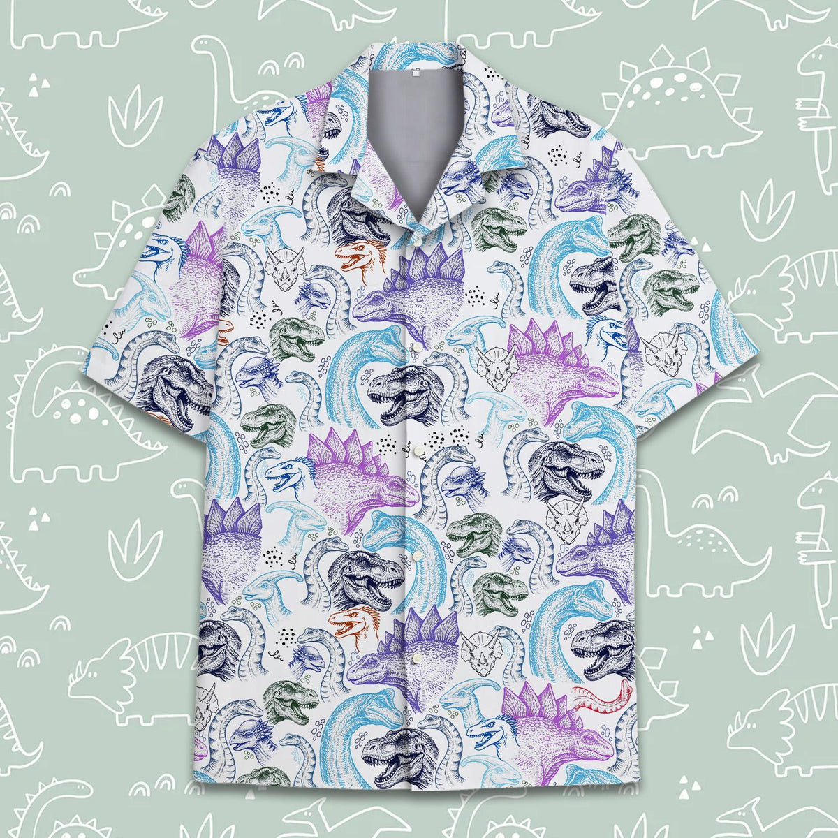 Alternate front view of the dinosaurs hawaiian shirt for families