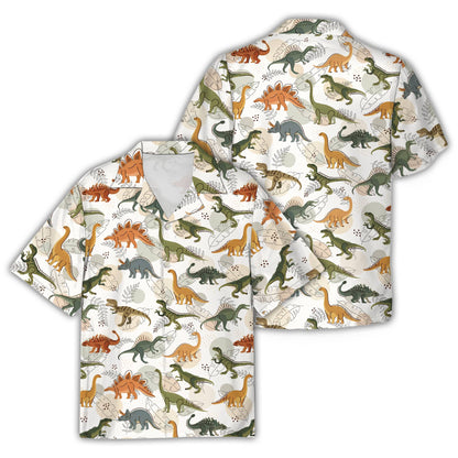 Adult white dinosaurs hawaiian shirt, front view
