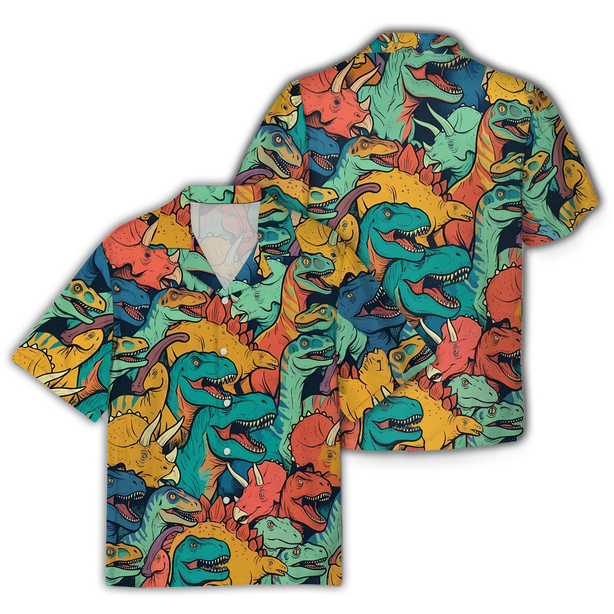 Front view of matching family hawaiian shirts featuring colorful dinosaurs