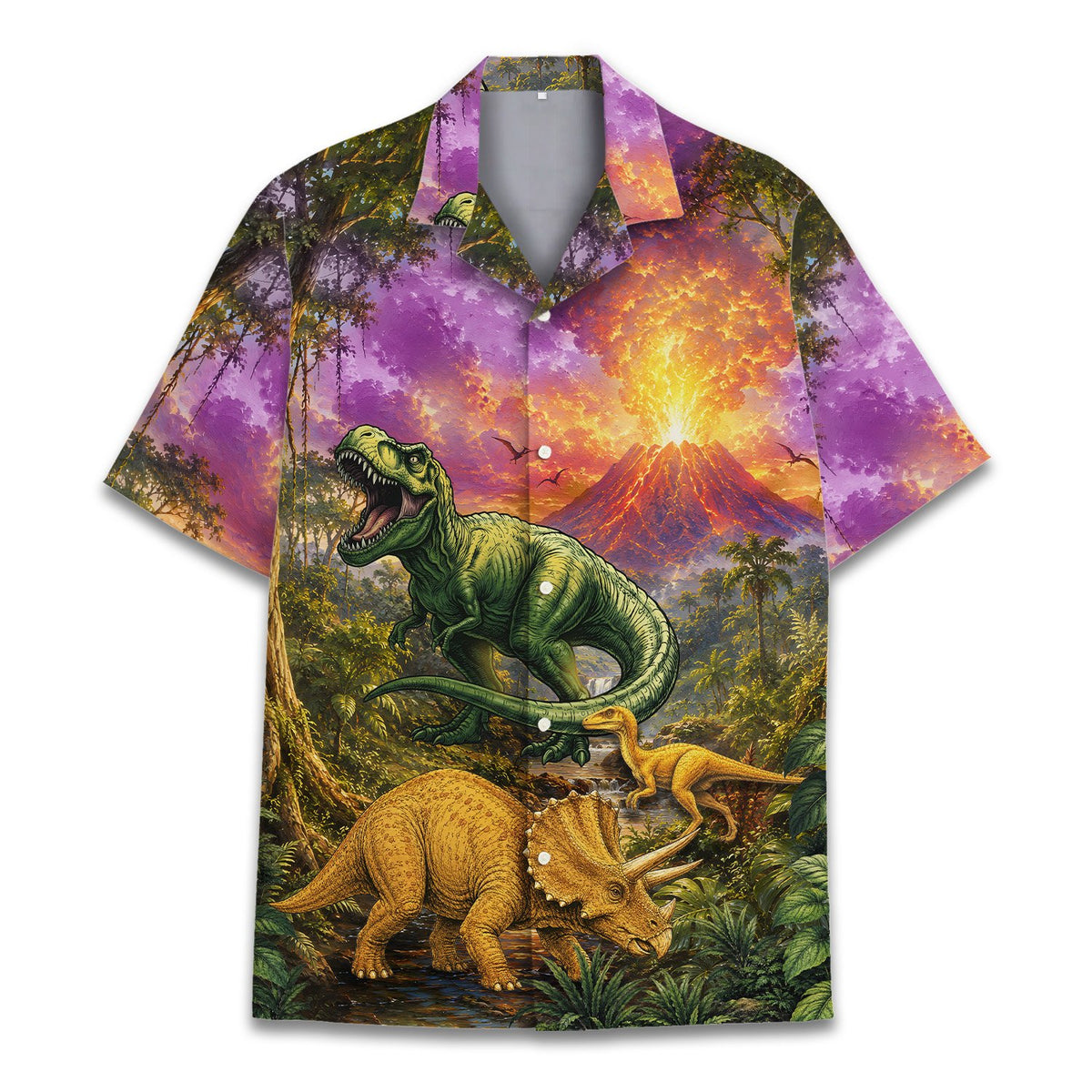 Close up front view of the dinosaur and volcano jungle scene shirt