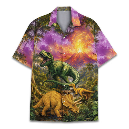 Close up front view of the dinosaur and volcano jungle scene shirt