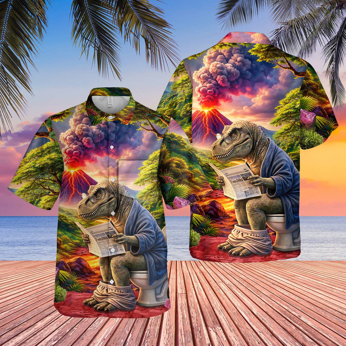Close up front view of the T-Rex hawaiian shirt