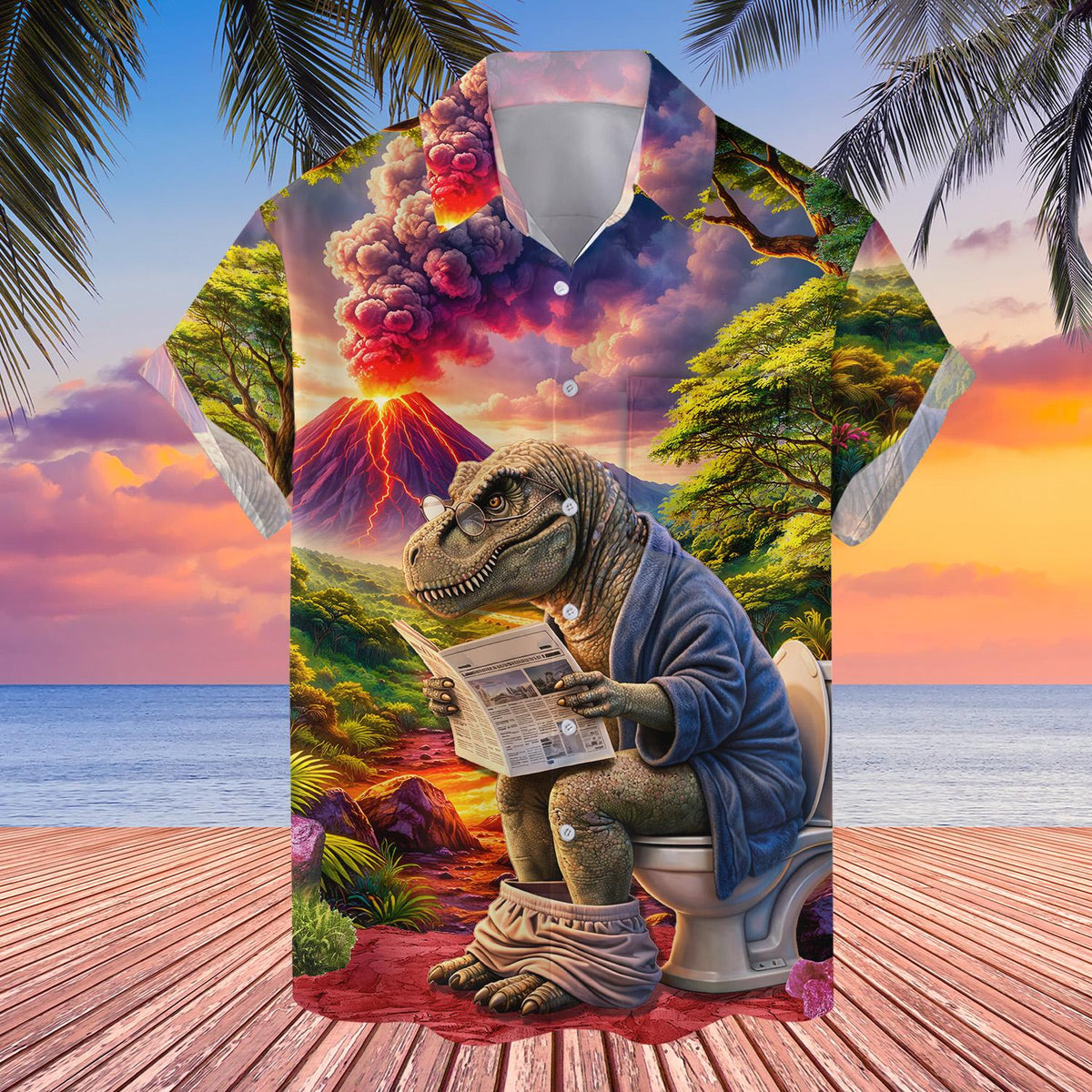 Another front view of the multicolor dinosaurs hawaiian shirt