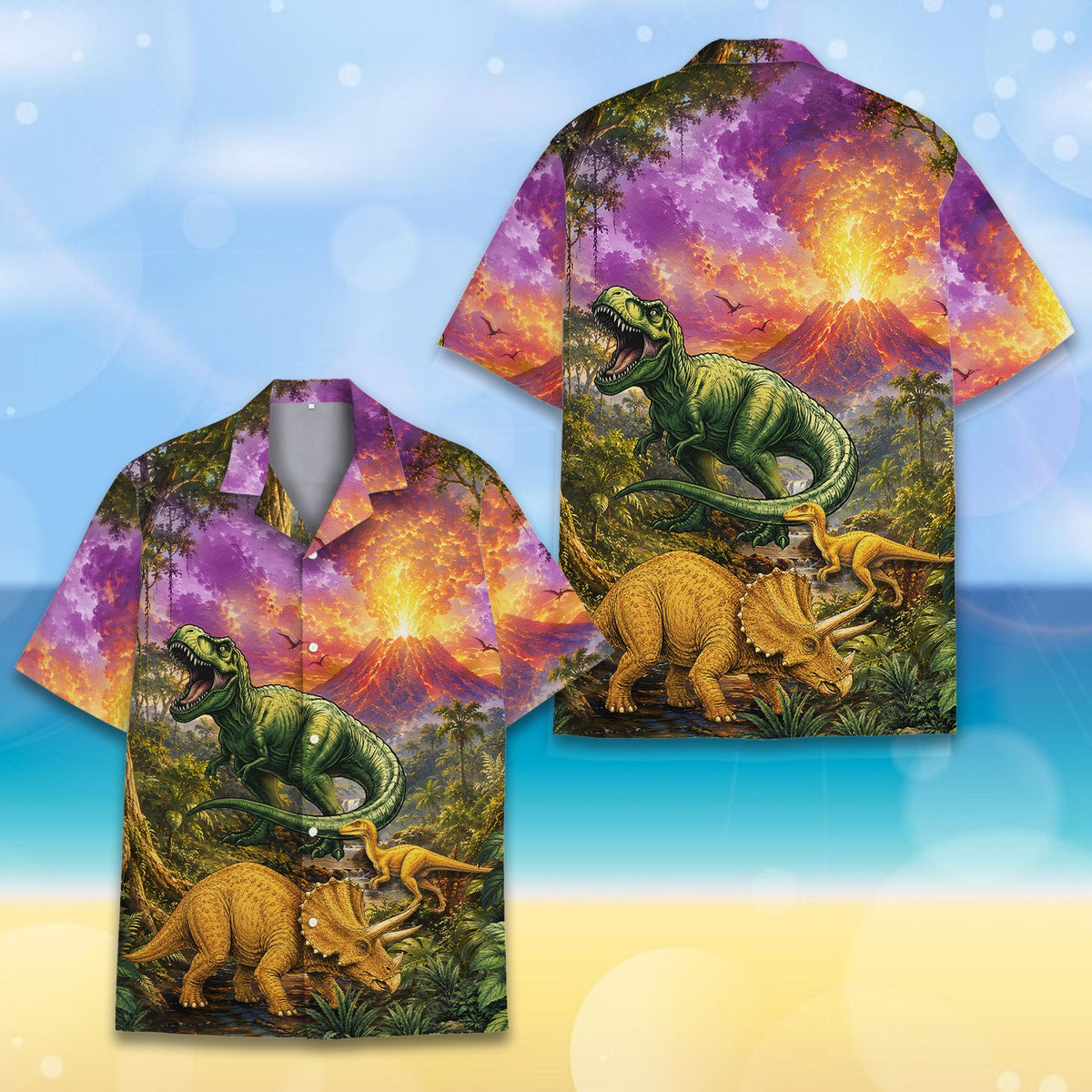 Front view detailing the button-down style and vibrant dinosaur print