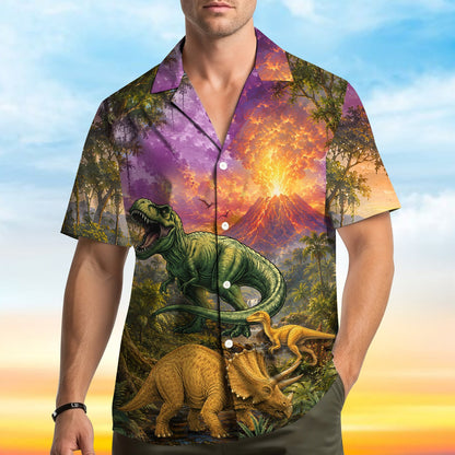 Matching family hawaiian shirts with dinosaur print, front view