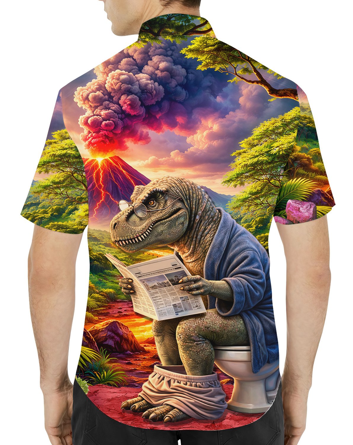 Front view of the multicolor dinosaurs hawaiian shirt with funny T-Rex design
