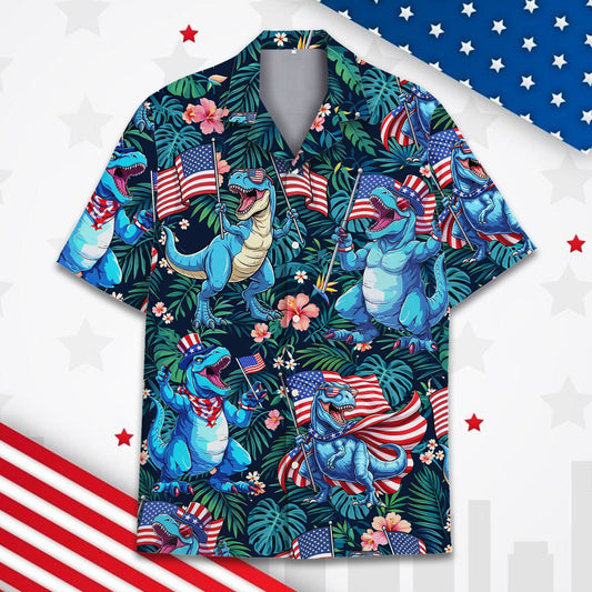 Navy dinosaurs hawaiian shirt main view with patriotic T-Rex design