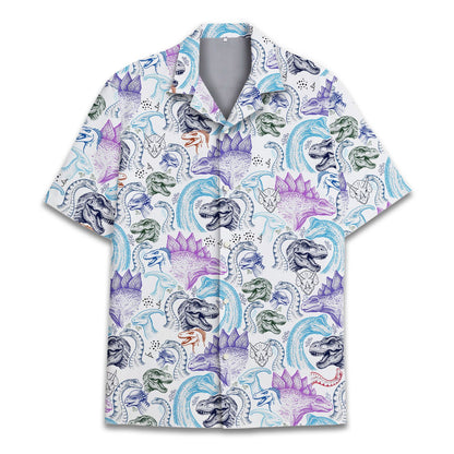 Front flat lay of the dinosaurs hawaiian shirt on a neutral background