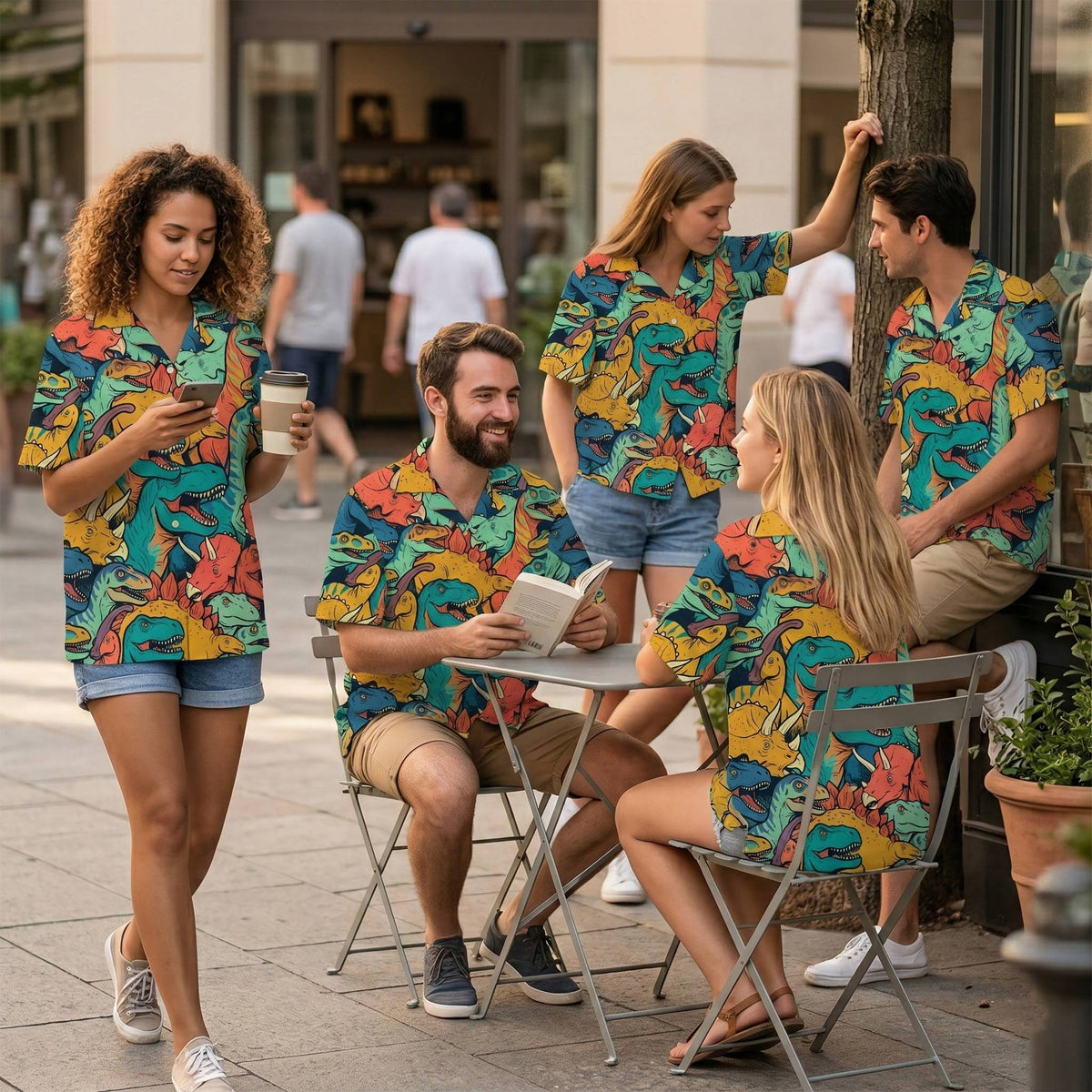 Lifestyle view of an adult wearing the dinosaur hawaiian shirt outdoors