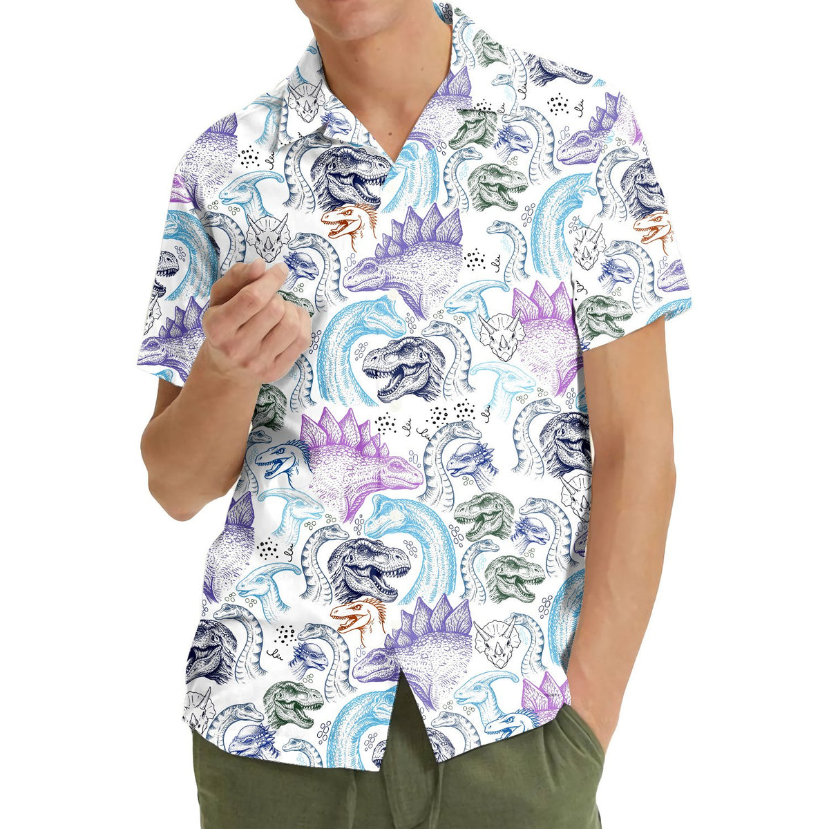 Lifestyle image showing a family wearing the matching dinosaurs hawaiian shirts