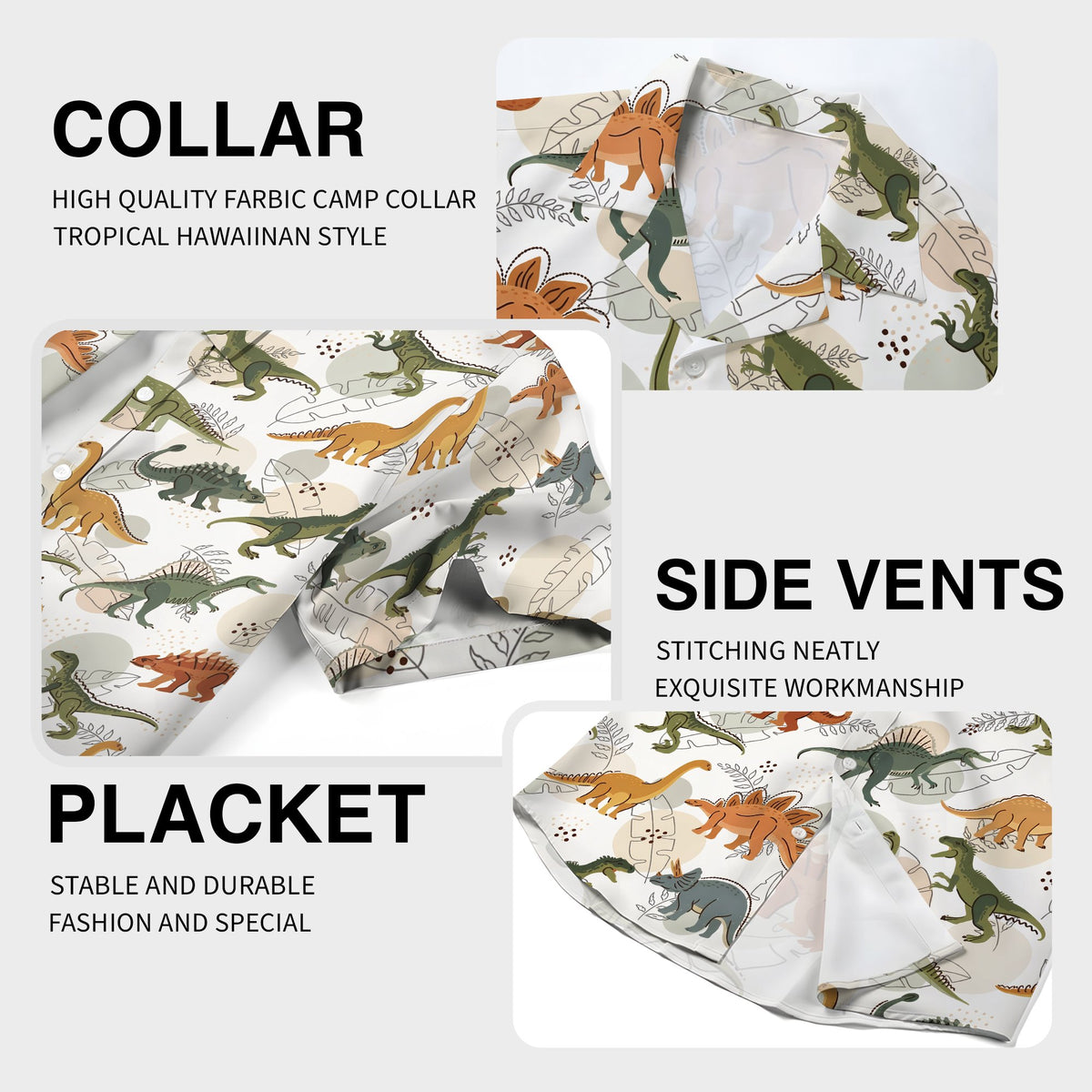 Close up of the dinosaur pattern on the hawaiian shirt