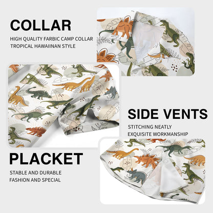 Close up of the dinosaur pattern on the hawaiian shirt