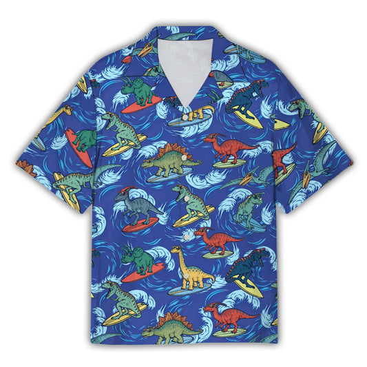 Front view of the dinosaurs surfing hawaiian shirt featuring blue ocean waves