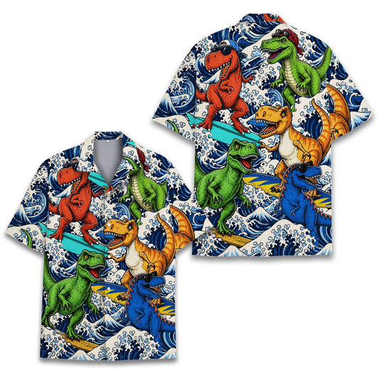 Main view of matching family hawaiian shirts featuring surfing dinosaurs