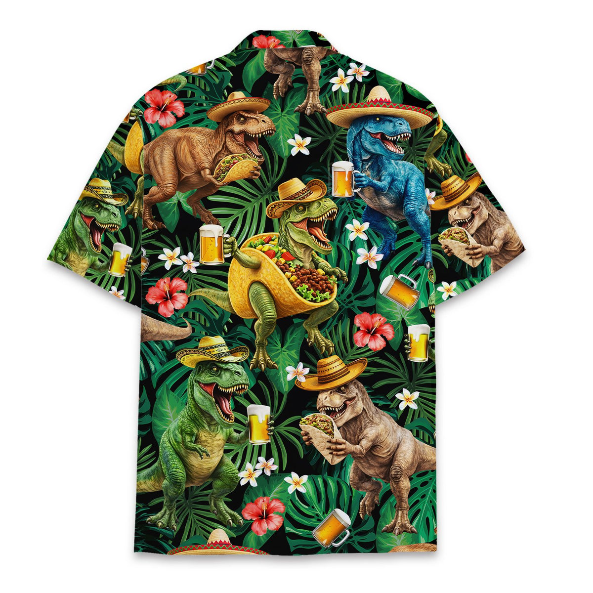 Back view of the tropical hawaiian shirt with dinosaur and sombrero all-over print
