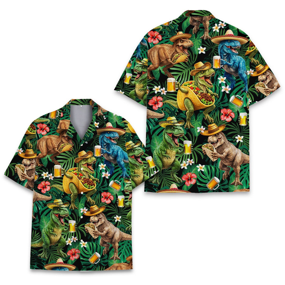 Front view of the polyester hawaiian shirt featuring fun dinosaurs holding beer and eating tacos